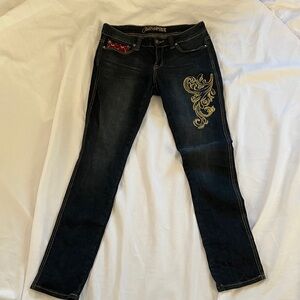 Violet Pink Women's Dark Blue Skinny Jeans with Gold Embroidery